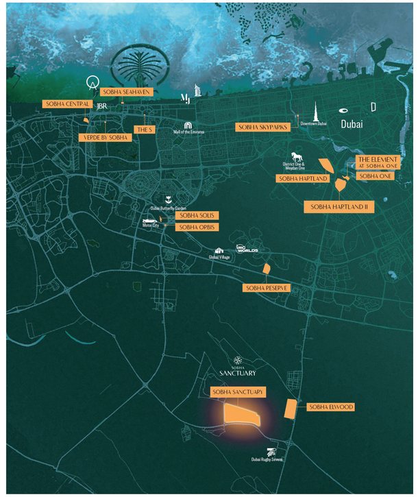 Map of Dubai with Sobha Sanctuary south of Global Village, beside Dubai Rugby Sevens